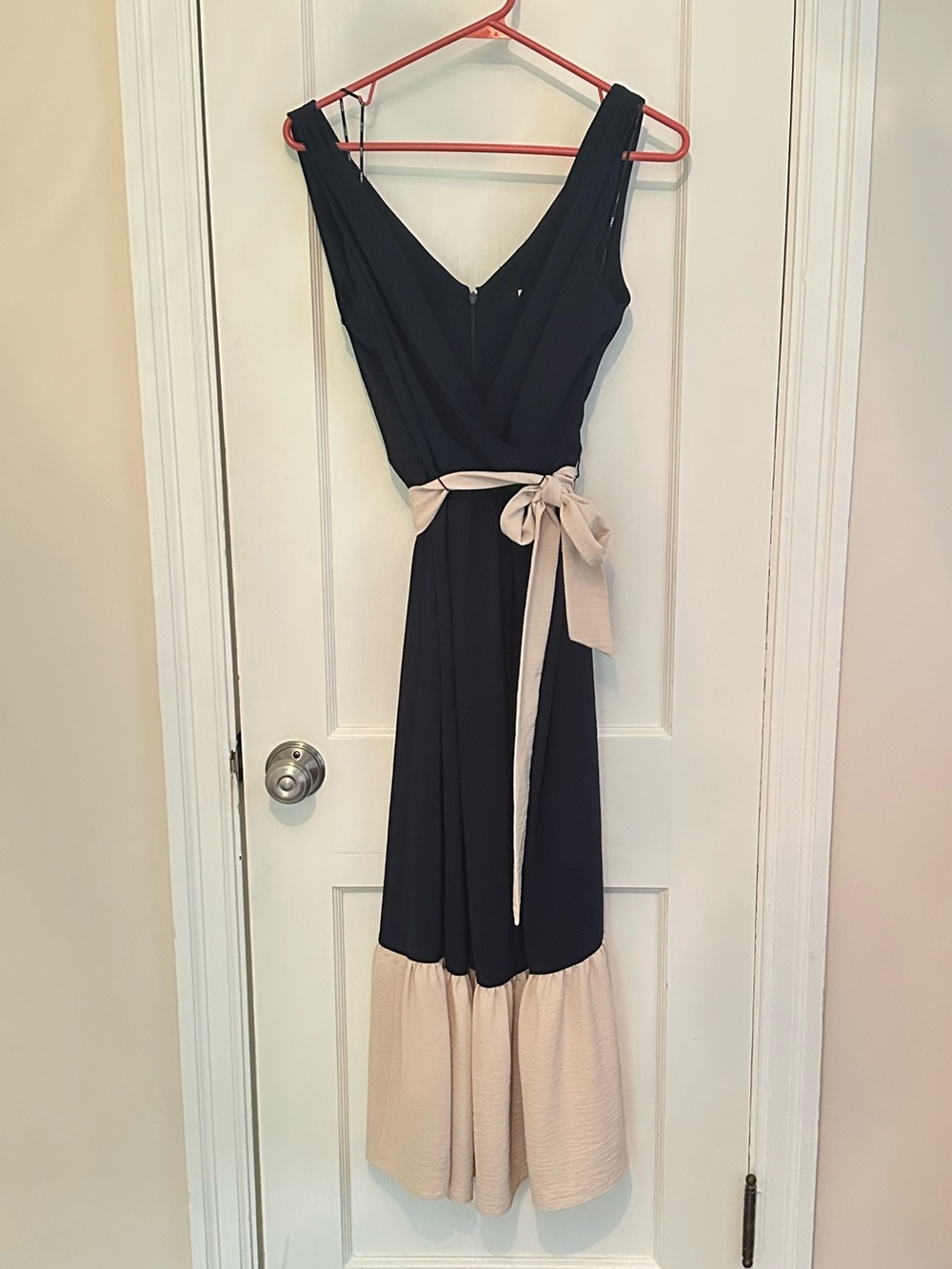 DKNY Navy Midi Dress with Cream Contrast Hem and Tie